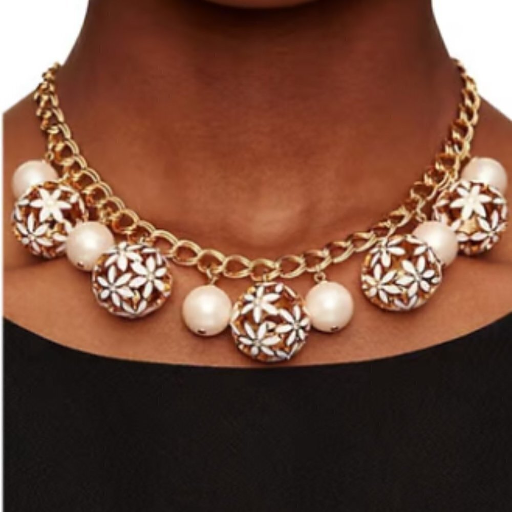 Kate Spade Crystal Enamel Faux Pearl Wallflower Collar Necklace Statement - Picture 4 of 8